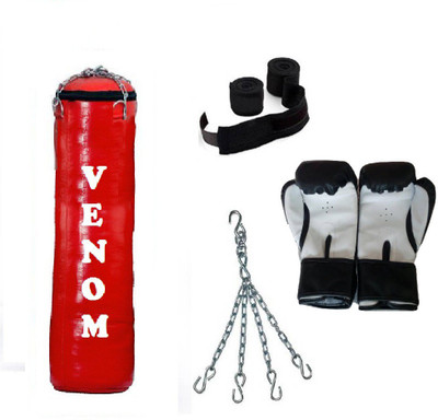 

Venom 1.5 Feet Long, SRF - HEAVY Material, RED Color, Unfilled with Hanging Chain with 9 Feet Long Black Color Hand Wraps Pair & Boxing Gloves Pair Boxing Kit