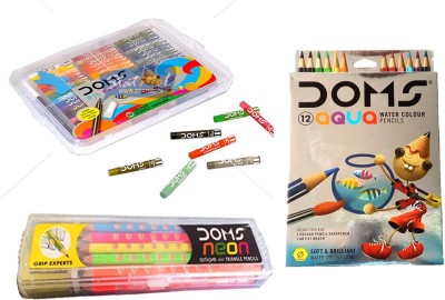 

DOMS COMBO PACK OF -OIL PASTEL (50 SHADES)+AQUA WATER COLOUR PENCIL(12 SHADES)+NEON GROOVE SLIM TRIANGLE PENCILS (10 PENCILS) Stationery Set(Pack of 3)