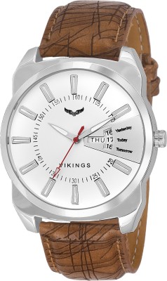 VIKINGS VK-G1101-WHT-LIT-BRN-WHITE DIAL WITH SILVER INDICATION OF DAY & DATE, SELF DESIGN OF LIGHT BROWN STRAP DAY & DATE SERIES Watch  - For Boys   Watches  (VIKINGS)