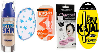 

Maybelline Better Skin Foundation With Blending Puff & Coral Flush Lip Balm With 10 Pcs Charcoal Nose Mask & Colossal Kajal(Set of 1)