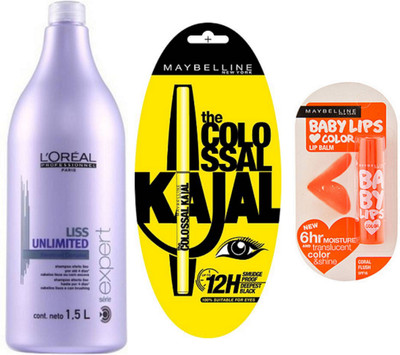 

L'Oreal Paris Professionnel Paris Liss Unlimited Shampoo 1.5l With Maybelline New York Colossal Kajal & Coral Flush Lip Balm(Set of 1)