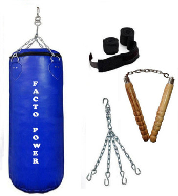 

Facto Power 4.5 Feet Long, P.U Material, Blue Color, Unfilled with Hanging Chain with 9 Feet Long Black Color Hand Wraps Pair & Wooden Handle Non Chaku Boxing Kit