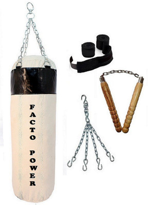 

FACTO POWER 5.5 Feet Long, CANVAS Material, White and Black Color, Unfilled with Hanging Chain with 9 Feet Long Black Color Hand Wraps Pair & Wooden Handle Non Chaku Boxing Kit