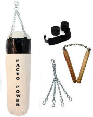 

Facto Power 4.5 Feet Long, CANVAS Material, White and Black Color, Unfilled with Hanging Chain with 9 Feet Long Black Color Hand Wraps Pair & Wooden Handle Non Chaku Boxing Kit