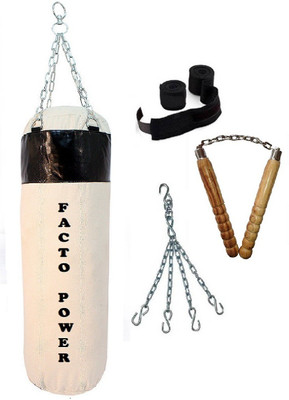 

Facto Power 8.0 Feet Long, CANVAS Material, White and Black Color, Unfilled with Hanging Chain with 9 Feet Long Black Color Hand Wraps Pair & Wooden Handle Non Chaku Boxing Kit