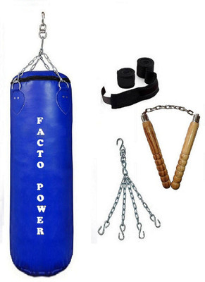 

FACTO POWER 6.5 Feet Long, P.U Material, Blue Color, Unfilled with Hanging Chain with 9 Feet Long Black Color Hand Wraps Pair & Wooden Handle Non Chaku Boxing Kit