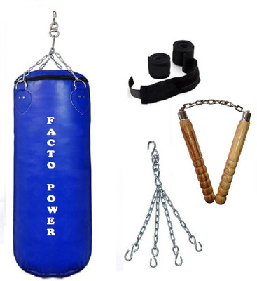 

Facto Power 1.5 Feet Long, P.U Material, Blue Color, Unfilled with Hanging Chain with 9 Feet Long Black Color Hand Wraps Pair & Wooden Handle Non Chaku Boxing Kit
