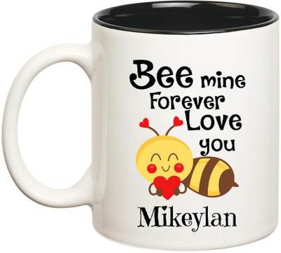 

Huppme Love You Mikeylan Bee mine Forever Inner Black Ceramic Mug(350 ml), Black;white