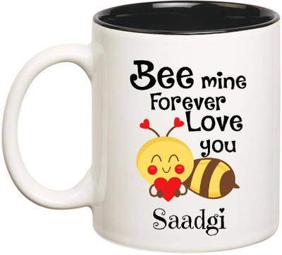 Huppme Love You Saadgi Bee mine Forever Inner Black Ceramic Mug(350 ml), Black;white