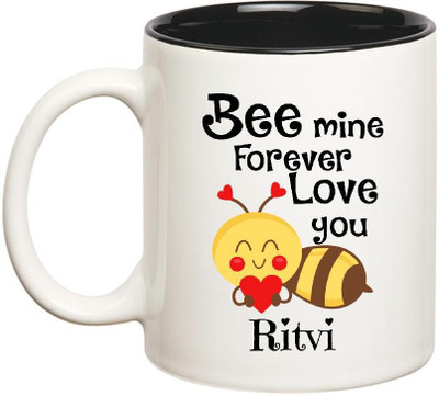 

Huppme Love You Ritvi Bee mine Forever Inner Black Ceramic Mug(350 ml), Black;white
