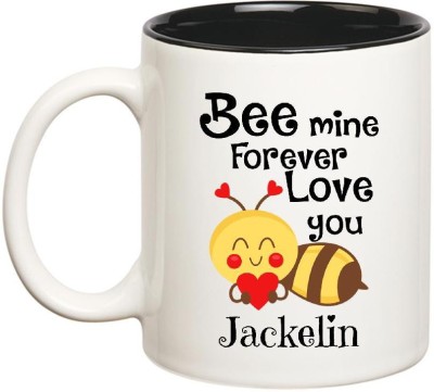 

Huppme Love You Jackelin Bee mine Forever Inner Black Ceramic Mug(350 ml), Black;white