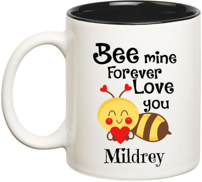 

Huppme Love You Mildrey Bee mine Forever Inner Black Ceramic Mug(350 ml), Black;white