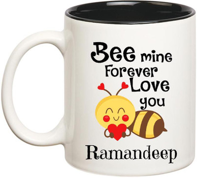 

Chanakya Ramandeep Bee mine Forever Inner Black Love Name Coffee Ceramic Mug(350 ml), Black;white