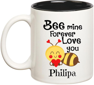 

Huppme Love You Philipa Bee mine Forever Inner Black Ceramic Mug(350 ml), Black;white