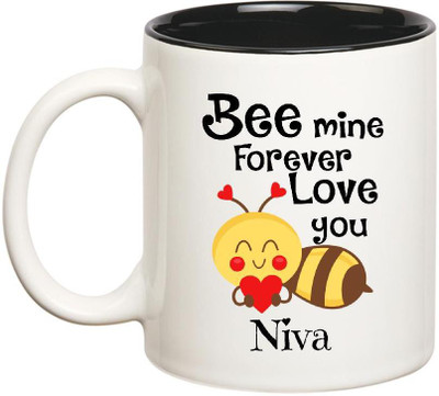 

Huppme Love You Niva Bee mine Forever Inner Black Ceramic Mug(350 ml), Black;white