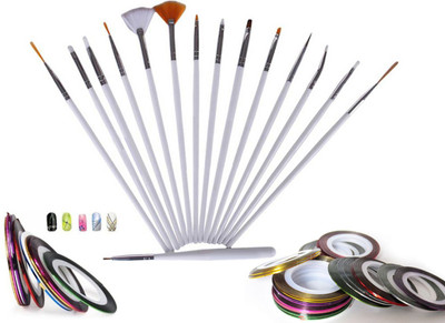 

techdizi Combo 15 Nail art brushes and 5 Nail Art Striping Tape Line Sticker Tips Decorations DIY Self-Adhesive Decal Tools Manicure(Multi)