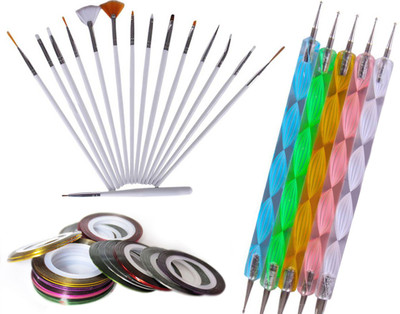 

techdizi Combo set of 15 Nail Art Brushes, 5 Dotting Tools, 5 Striping Tape Rolls Nail art Decoration tool(White)