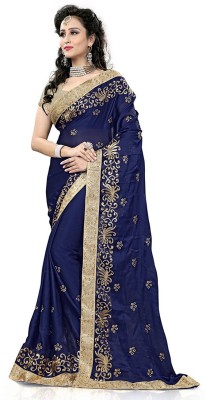 prabhas Embroidered, Embellished Bollywood Satin Saree(Dark Blue)