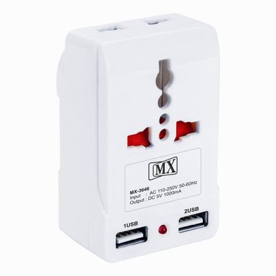 MX Dual Usb charger with Universal Socket to 3 Pin Indian Plug Converter 3646 Worldwide Adaptor(White) MX Dual Usb charger with Universal Socket to 3 Pin Indian Plug Converter 3646 Worldwide Adaptor(White)