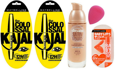 

Maybelline Colossal Kajal Pack Of 2 & Satin Liquid Foundation With Puff & Coral Flush Lip Balm(Set of 1)