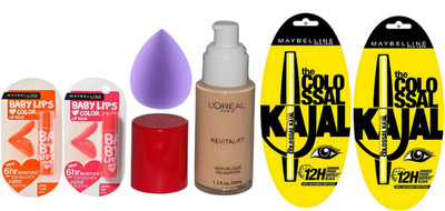 

Maybelline Coral Flush & Cherry Kiss Lip Balm & Loreal Revitalift Foundation With Blending Puff & Colossal Kajal Pack Of 2(Set of 1)