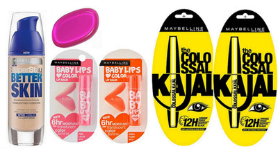 

Maybelline Better Skin Foundation With Puff & Pink Lolita & Coral Flush Lip Balm With Colossal Kajal Pack Of 2(Set of 1)