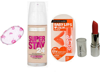 

Maybelline Super Stay Foundation With Blending Puff & Coral Flush Lip Balm & Color Bar Lipstick(Set of 1)