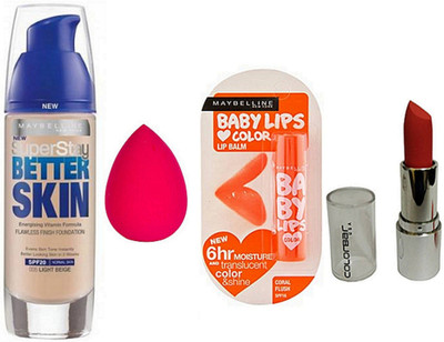 

Maybelline Better Skin Foundation With Puff & Coral Flush Baby Lip Balm & Color Bar Lipstick(Set of 1)