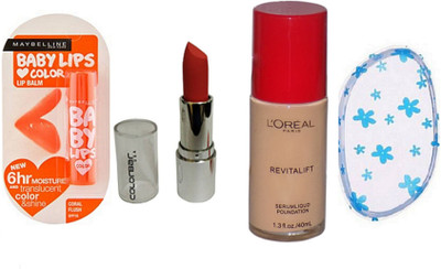 

Maybelline Coral Flush Lip Balm & Colorbar Lipstick With Loreal Revitalift Liquid Foundation With Blending Puff(Set of 1)