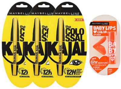

Maybelline Colossal Kajal Pack Of 3 With Coral Flush SPF 16 Lip Balm(Set of 1)