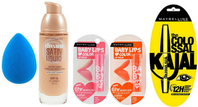 

Maybelline Dream Satin Liquid Foundation With Puff & Baby Lip Balm Pack Of 2 & Colossal Kajal(Set of 1)