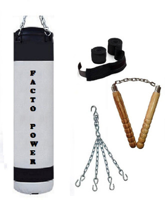 

FACTO POWER 8.0 Feet Long, P.U Material, White and Black Color, Unfilled with Hanging Chain with 9 Feet Long Black Color Hand Wraps Pair & Wooden Handle Non Chaku Boxing Kit