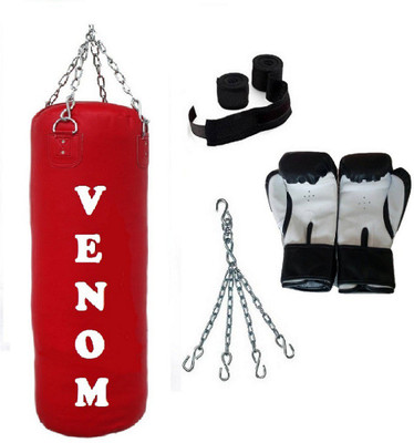 

Venom 6.5 Feet Long, P.U Material, RED Color, Unfilled with Hanging Chain with 9 Feet Long Black Color Hand Wraps Pair & Boxing Gloves Pair Boxing Kit