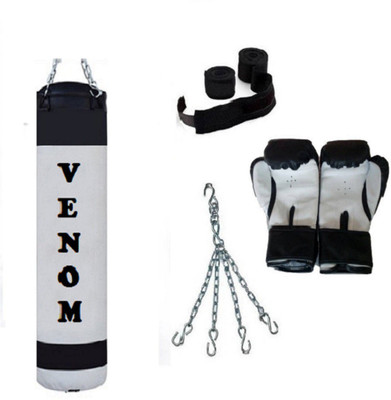 

Venom 5.0 Feet Long, P.U Material, WHITE and BLACK Color, Unfilled with Hanging Chain with 9 Feet Long Black Color Hand Wraps Pair & Boxing Gloves Pair Boxing Kit