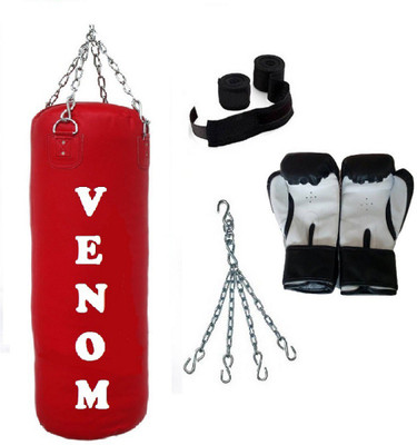 

Venom 7.0 Feet Long, P.U Material, RED Color, Unfilled with Hanging Chain with 9 Feet Long Black Color Hand Wraps Pair & Boxing Gloves Pair Boxing Kit