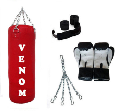 

Venom 4.5 Feet Long, P.U Material, RED Color, Unfilled with Hanging Chain with 9 Feet Long Black Color Hand Wraps Pair & Boxing Gloves Pair Boxing Kit