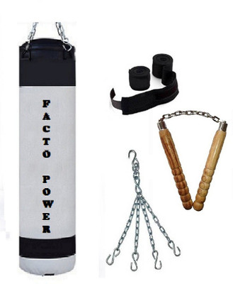 

FACTO POWER 7.5 Feet Long, P.U Material, White and Black Color, Unfilled with Hanging Chain with 9 Feet Long Black Color Hand Wraps Pair & Wooden Handle Non Chaku Boxing Kit