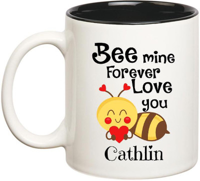 

Huppme Love You Cathlin Bee mine Forever Inner Black Ceramic Mug(350 ml), Black;white