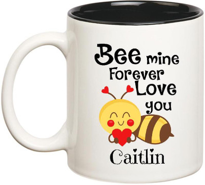 

Huppme Love You Caitlin Bee mine Forever Inner Black Ceramic Mug(350 ml), Black;white