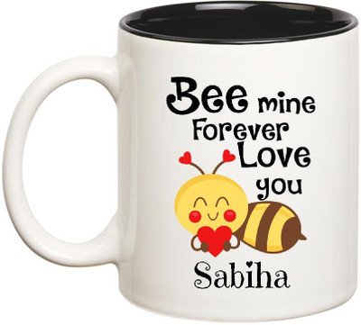 

Huppme Love You Sabiha Bee mine Forever Inner Black Ceramic Mug(350 ml), Black;white