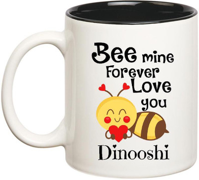 

Huppme Love You Dinooshi Bee mine Forever Inner Black Ceramic Mug(350 ml), Black;white