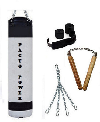 

Facto Power 6.5 Feet Long, P.U Material, White and Black Color, Unfilled with Hanging Chain with 9 Feet Long Black Color Hand Wraps Pair & Wooden Handle Non Chaku Boxing Kit