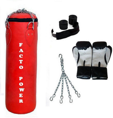 

Venom 5.5 Feet Long, P.U Material, RED Color, Unfilled with Hanging Chain with 9 Feet Long Black Color Hand Wraps Pair & Boxing Gloves Pair Boxing Kit