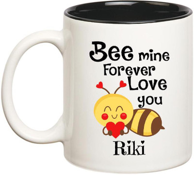 Huppme Love You Riki Bee mine Forever Inner Black Ceramic Mug(350 ml), Black;white