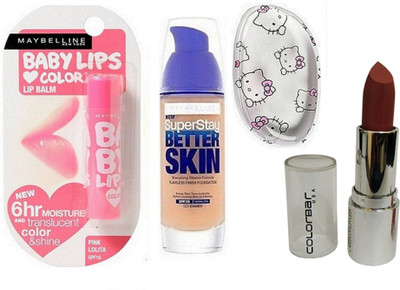 

Maybelline Pink Lolita Lip Balm & Better Skin Foundation With Puff & Color Bar Maroon Lipstick(Set of 1)