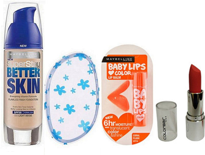 

Maybelline Better Skin Foundation With Blending Puff & Coral Flush Lip Balm & Color Bar Lipstick(Set of 1)