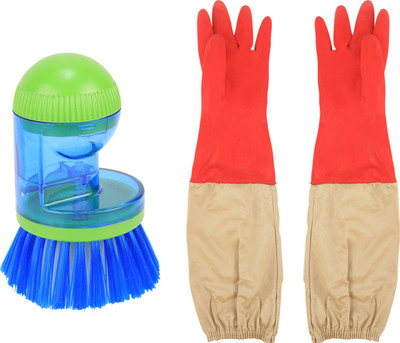 

HOKIPO SUPER SAVER COMBO!!! LONG Kitchen Gloves + Advanced Liquid Soap Dispensing Cleaning Brush Glove, Cleaning Brush