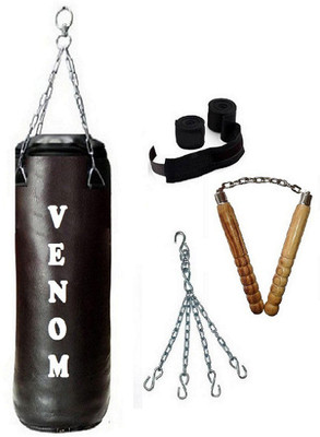 

Venom 5.5 Feet Long, SRF - STANDARD Material, Black Color, Unfilled with Hanging Chain with 9 Feet Long Black Color Hand Wraps Pair & Wooden Handle Non Chaku Boxing Kit