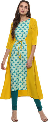 Janasya Women Geometric Print A-line Kurta(Blue, Yellow)