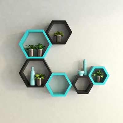 

Decorasia Black & Sky Blue Hexagon Shape MDF Wall Shelf(Number of Shelves - 6, Black, Blue)
